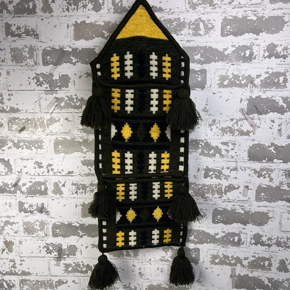 Vintage Syrian Wool Kilim Hanging Wall Pocket Hand Woven Green Gold Tassels 24